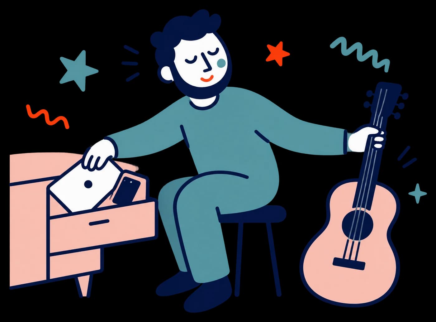 Ilustracja: Mężczyzna odkłada laptopa i telefon do szuflady i sięga po gitarę