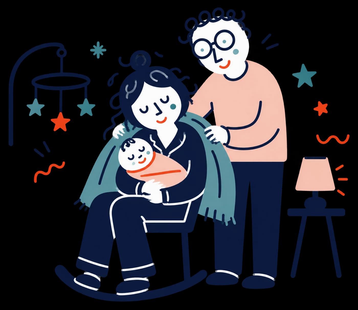 Ilustracja: mama z niemowlęciem w bujanym fotelu, partner okrywa ją kocem