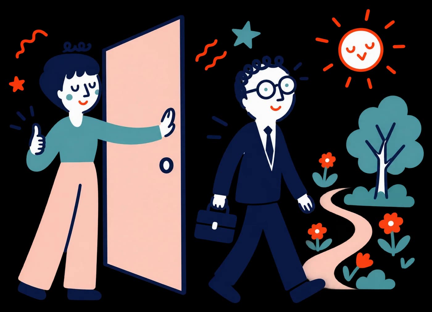 Ilustracja: mężczyzna wychodzi przez otwarte drzwi do ogrodu, koleżanka przytrzymuje drzwi