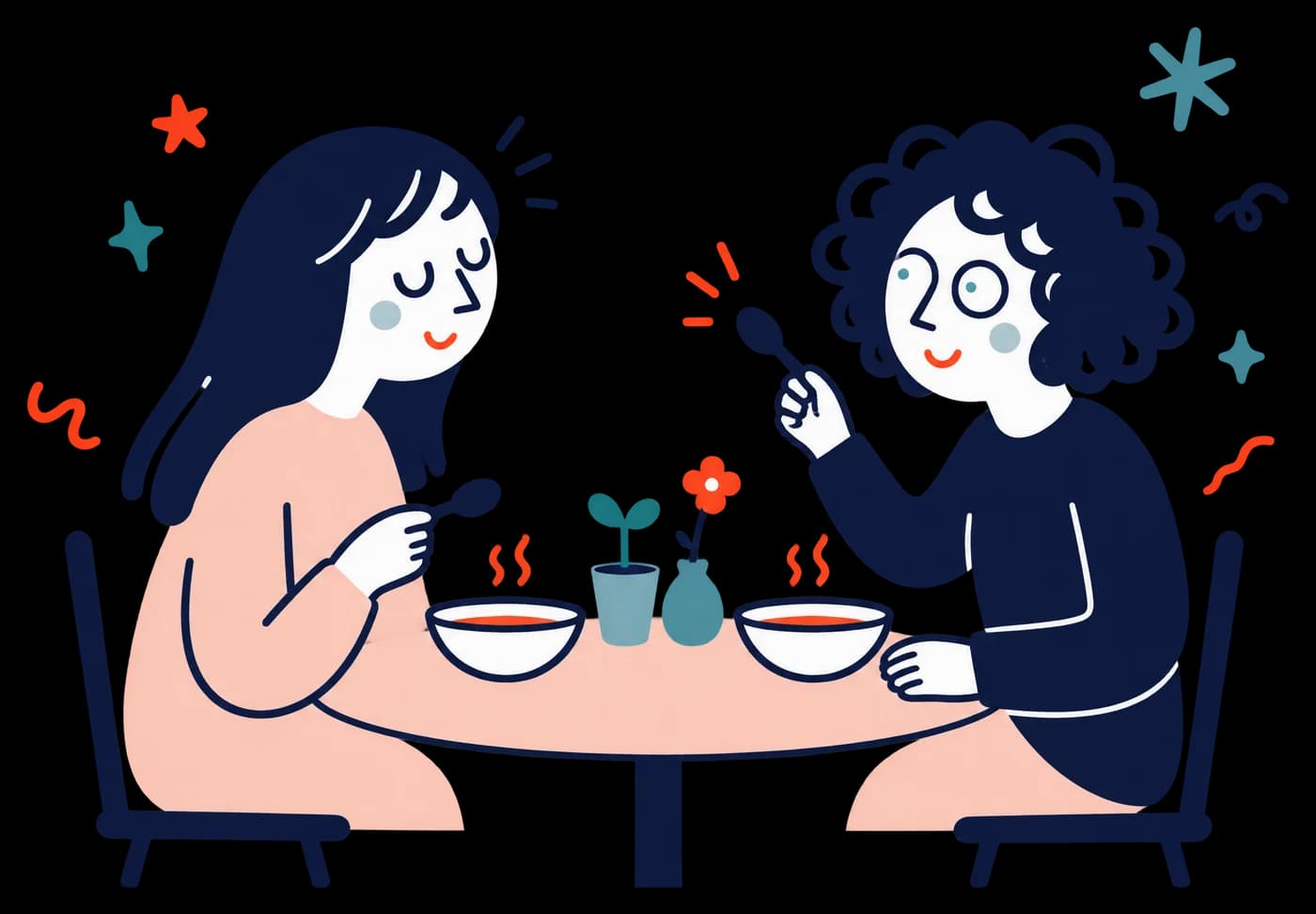 Ilustracja: dwie przyjaciółki jedzą razem zupę przy stoliku