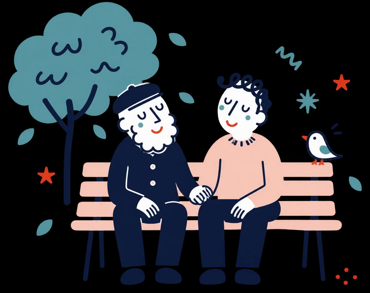 Ilustracja: starszy mężczyzna z synem na ławce pod drzewem, obok ptaszek