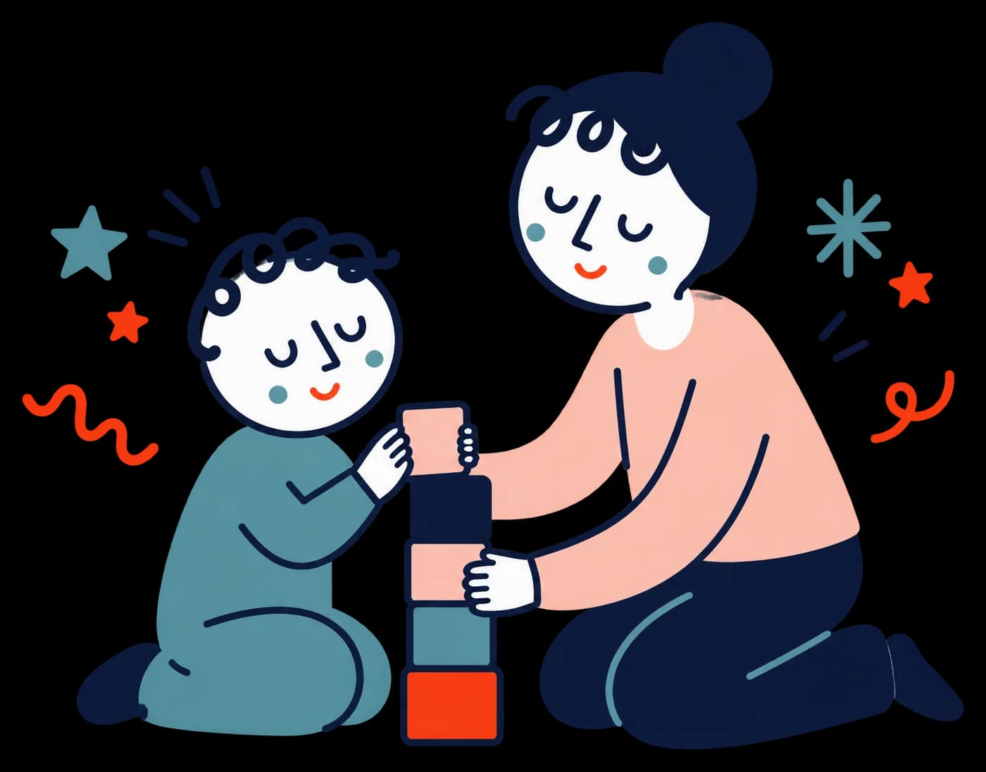 Ilustracja: Rodzic cierpliwie buduje z dzieckiem wieżę z klocków