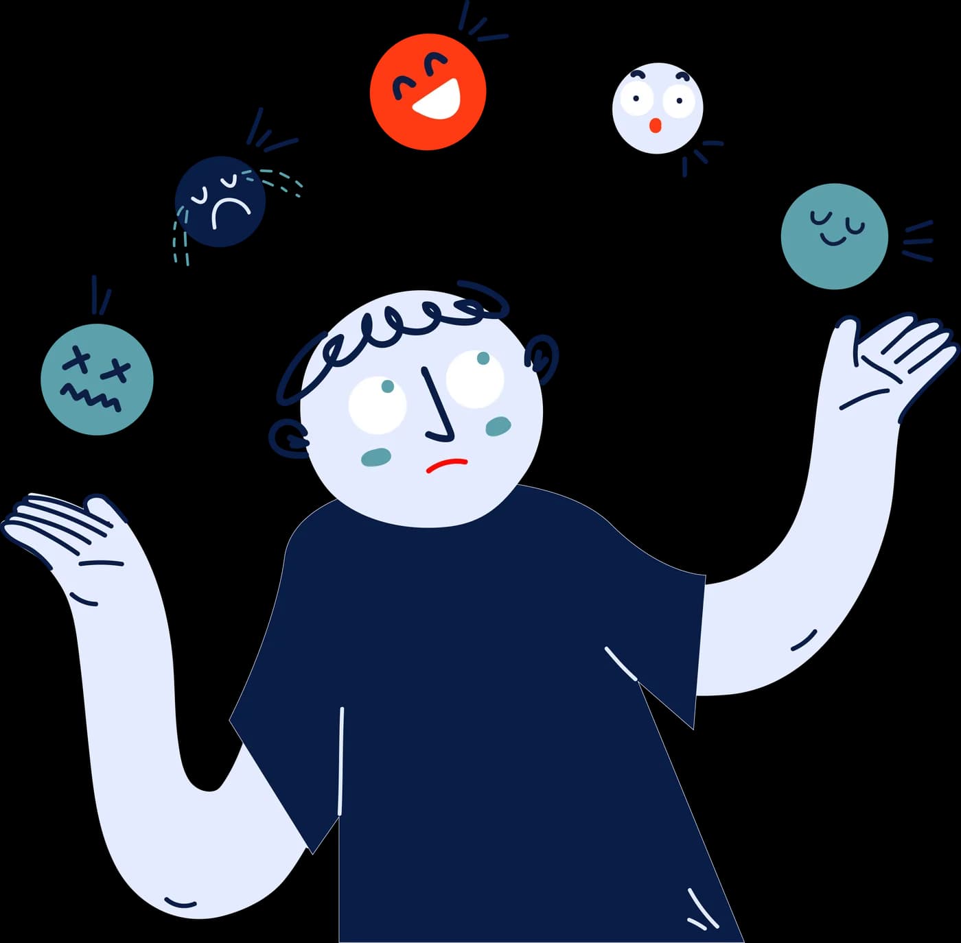 Ilustracja: osoba żonglująca różnymi emocjami