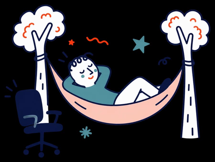 Ilustracja: Osoba zostawia biurowe krzesło i odpoczywa w hamaku.