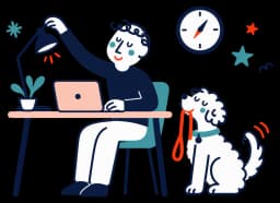 Ilustracja: mężczyzna gasi lampkę przy biurku, a pies ze smyczą czeka na spacer