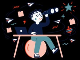 Ilustracja: osoba na piłce przy biurku patrzy przez lornetkę na gwiazdę, wokół krążą papierowe samolociki