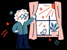 Ilustracja: starszy pan z laską odsłania zasłonę, do pokoju wpada słońce, na parapecie siedzi ptaszek