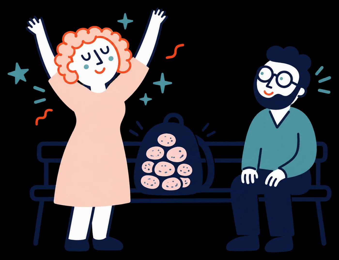 Ilustracja: kobieta odstawia ciężki plecak z kamieniami na ławkę, terapeuta kiwa głową