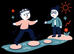 Ilustracja: klient przeskakuje po kamieniach przez strumień, terapeutka czeka na słonecznym brzegu z wyciągniętą ręką