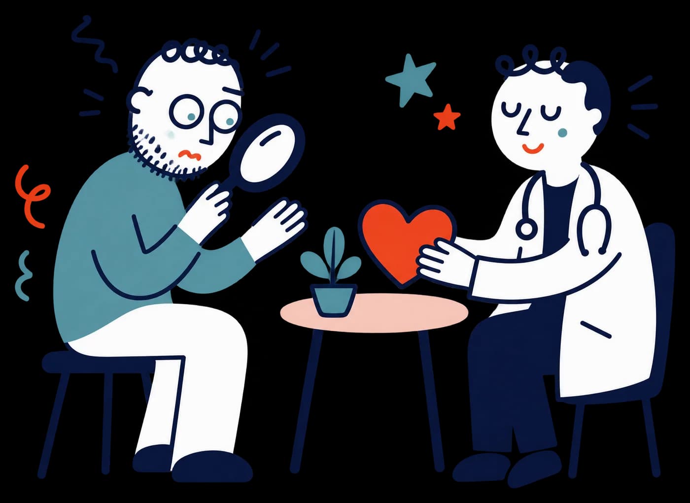 Ilustracja: mężczyzna z lupą, spokojna lekarka podaje mu serce