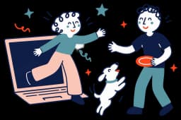 Ilustracja: dziewczyna wychodzi z ekranu laptopa do przyjaciela z frisbee i psem
