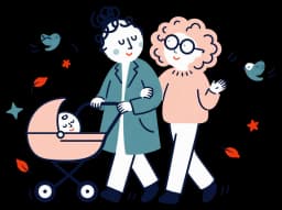 Ilustracja: mama z wózkiem na spacerze pod rękę z przyjaciółką