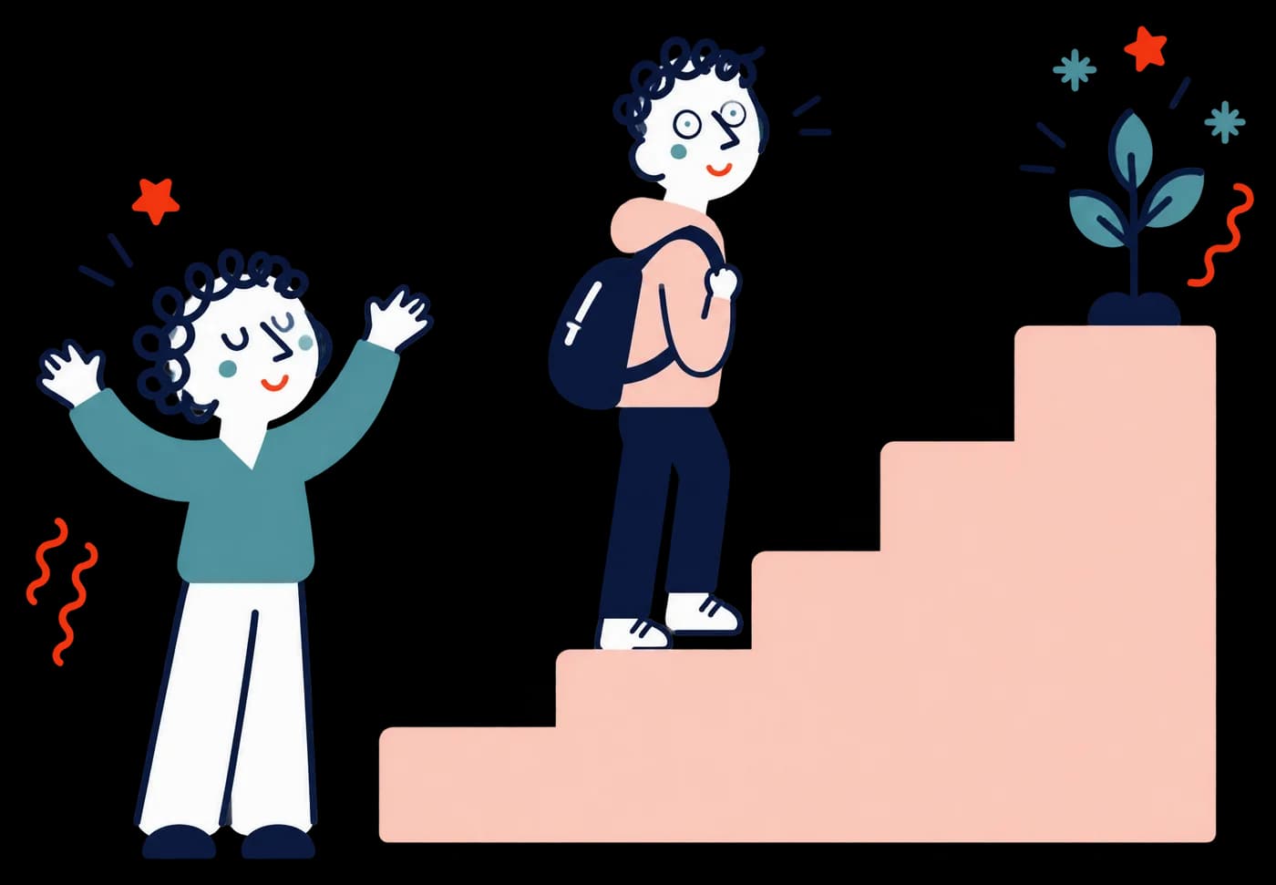 Ilustracja: nastolatek wchodzi po schodach, rodzic kibicuje z dołu