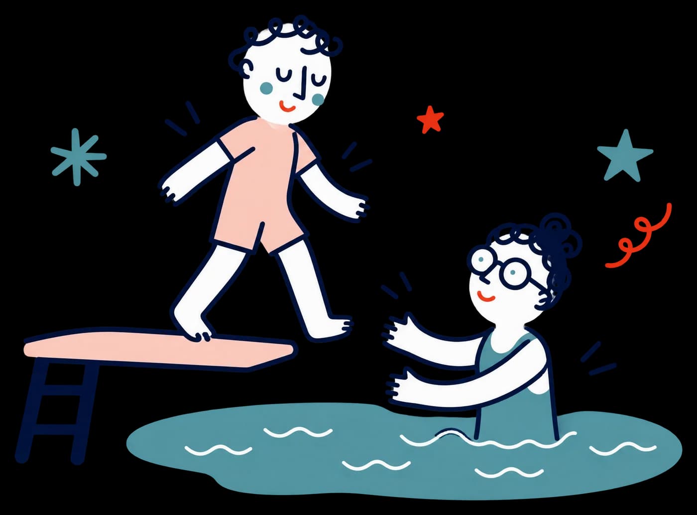 Ilustracja: Osoba odważnie skacze z trampoliny, przyjaciel czeka w wodzie