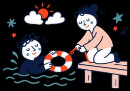 Ilustracja: osoba w wodzie chwyta koło ratunkowe podane z pomostu
