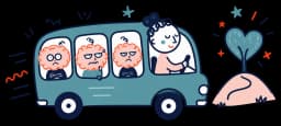 Ilustracja: kobieta prowadzi autobus z marudnymi pasażerami-myślami w stronę swojego celu