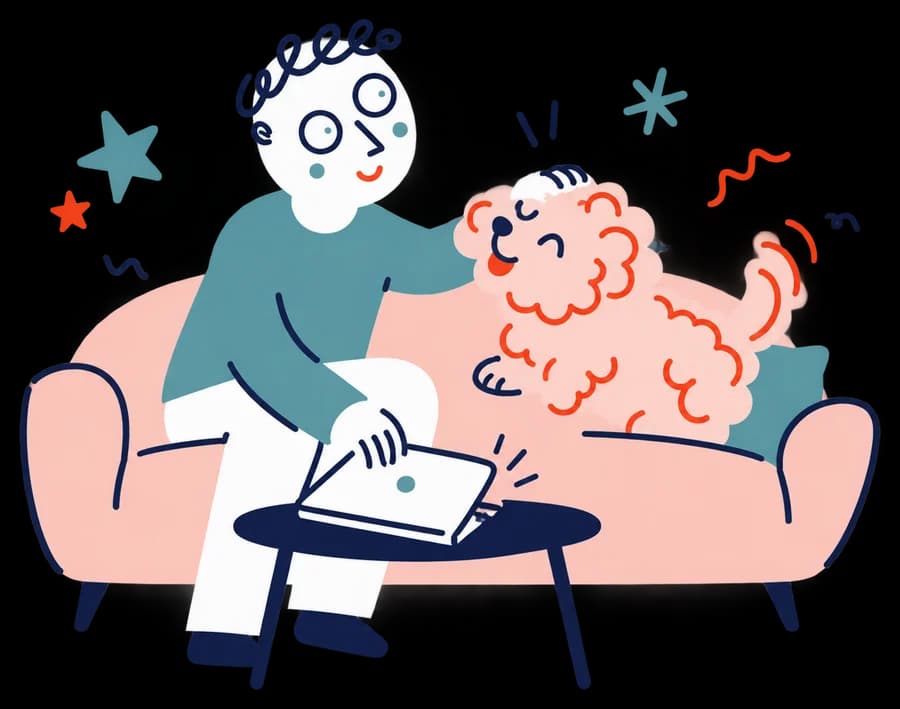 Ilustracja: Mężczyzna wieczorem zamyka laptopa i bawi się z psem na kanapie.