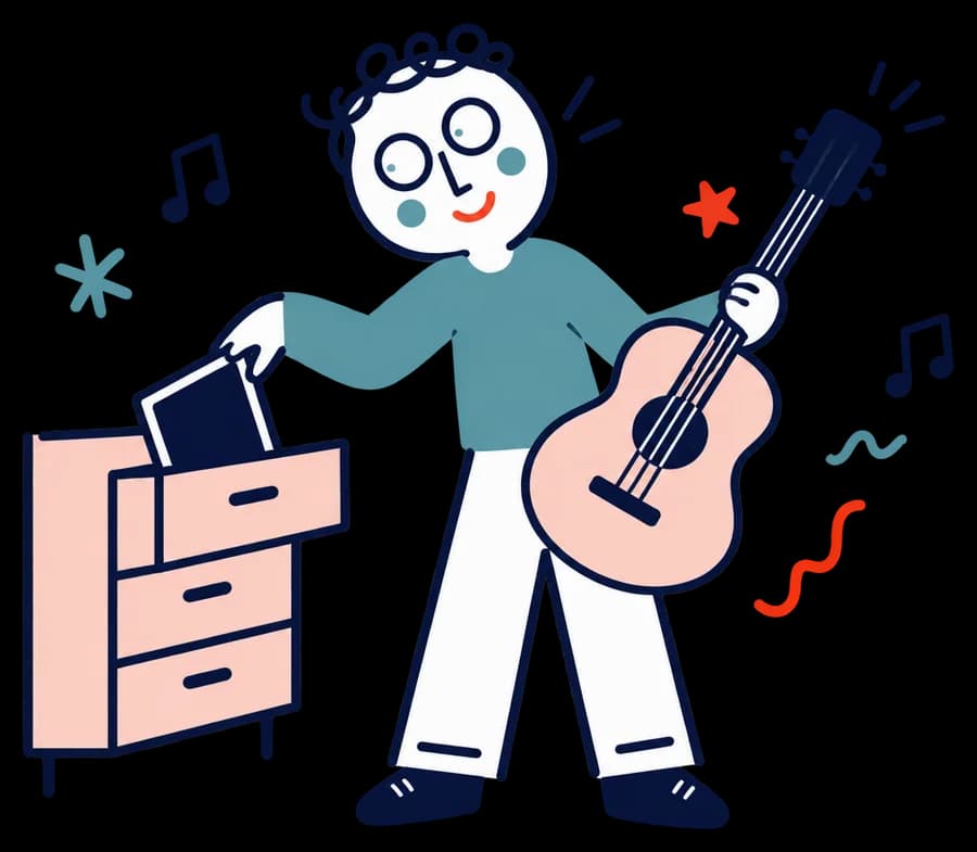 Ilustracja: Osoba odkłada tablet do szuflady i sięga po gitarę.