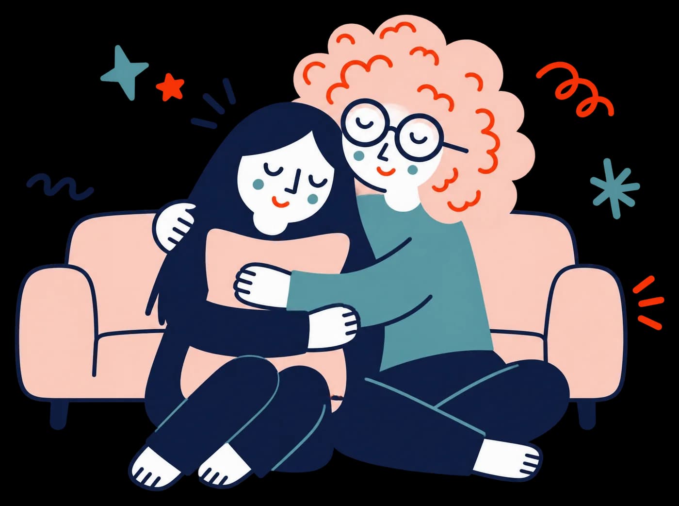 Ilustracja: Przyjaciółka przytula kobietę siedzącą na podłodze