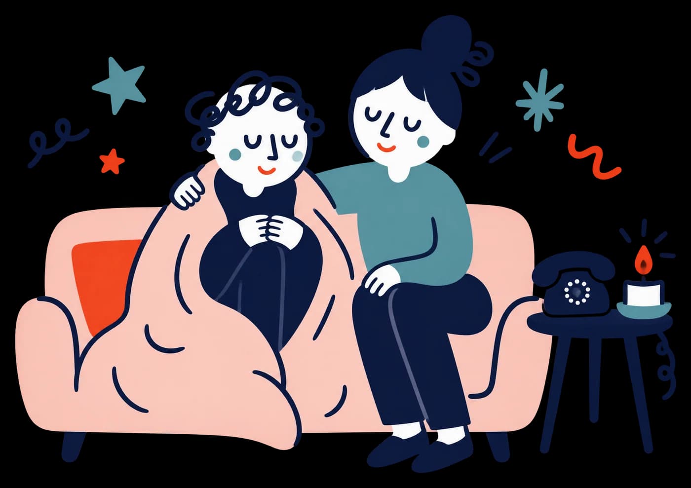 Ilustracja: Nastolatek owinięty kocem, obok przyjaciel i telefon zaufania