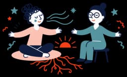 Ilustracja: kobieta oddycha głęboko z rozłożonymi ramionami, naprzeciw terapeutka w tej samej pozie
