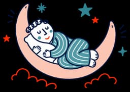 Ilustracja: osoba w piżamie śpi spokojnie zwinięta w rogalu księżyca jak w hamaku, wokół gwiazdki