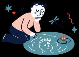 Ilustracja: mężczyzna w zamyśleniu przygląda się swojemu odbiciu w stawie