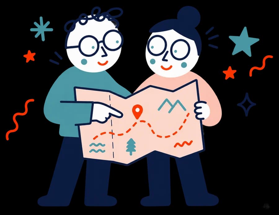 Ilustracja: Dwoje przyjaciół razem czyta dużą mapę.