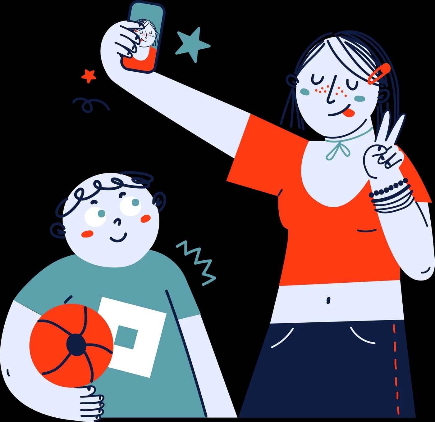 Ilustracja: nastolatka robi selfie telefonem i pokazuje znak victorii, obok uśmiechnięty chłopiec z piłką