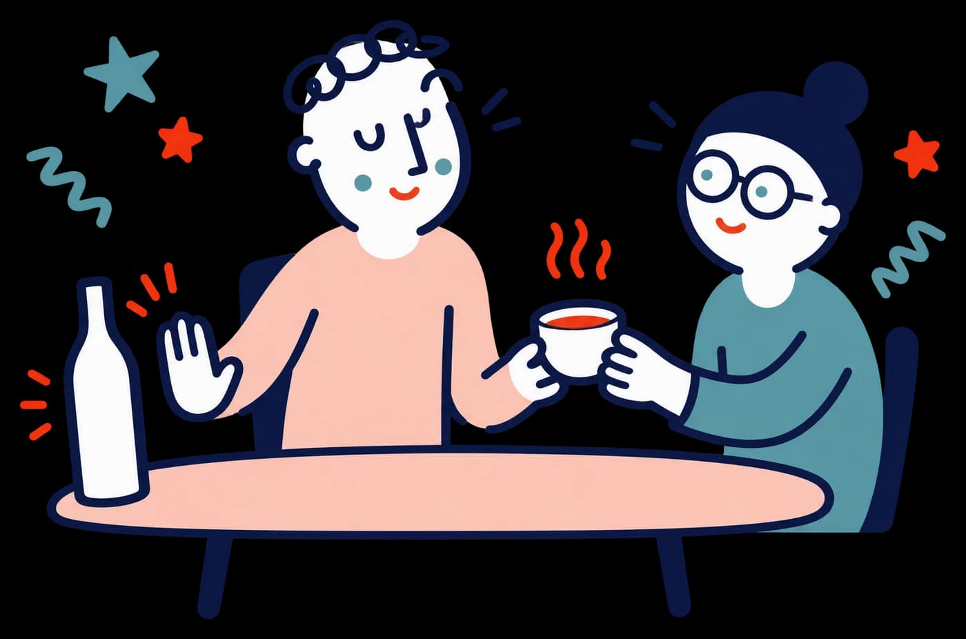Ilustracja: Mężczyzna odsuwa butelkę i przyjmuje herbatę od przyjaciela