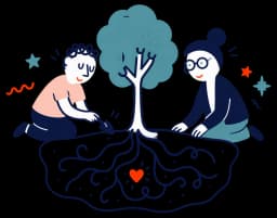 Ilustracja: klient i terapeutka odkrywają korzenie drzewa, wśród nich ukryte serce