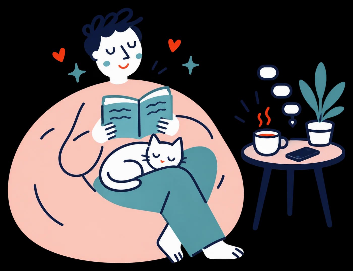 Ilustracja: chłopak czyta książkę z kotem na pufie, telefon odłożony ekranem w dół