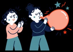 Ilustracja: kobieta jednym długim oddechem nadmuchuje duży balon, przyjaciółka bije jej brawo