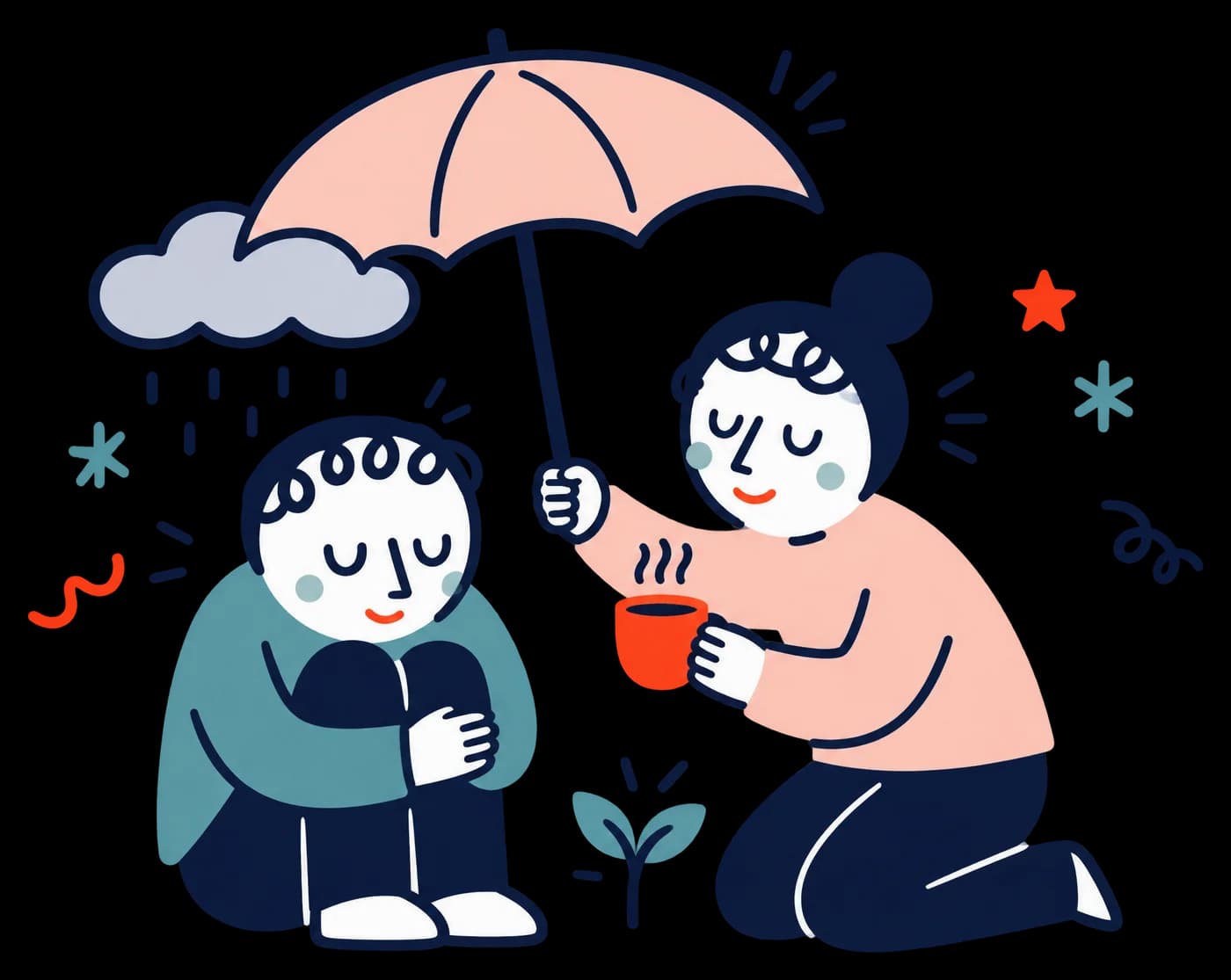 Ilustracja: przyjaciółka trzyma parasol nad smutną osobą i podaje jej herbatę