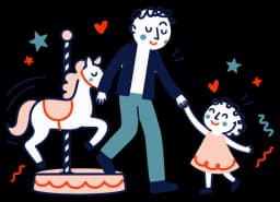 Ilustracja: tata schodzi z konika karuzeli, a mała córka z uśmiechem trzyma go za rękę