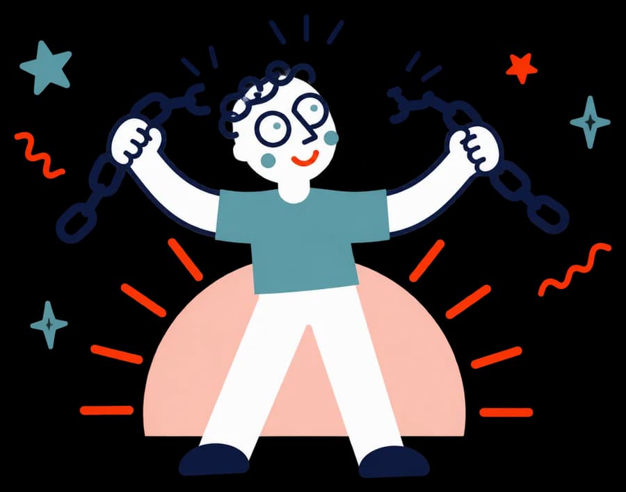 Ilustracja: Osoba rozrywa łańcuch na tle wschodzącego słońca.