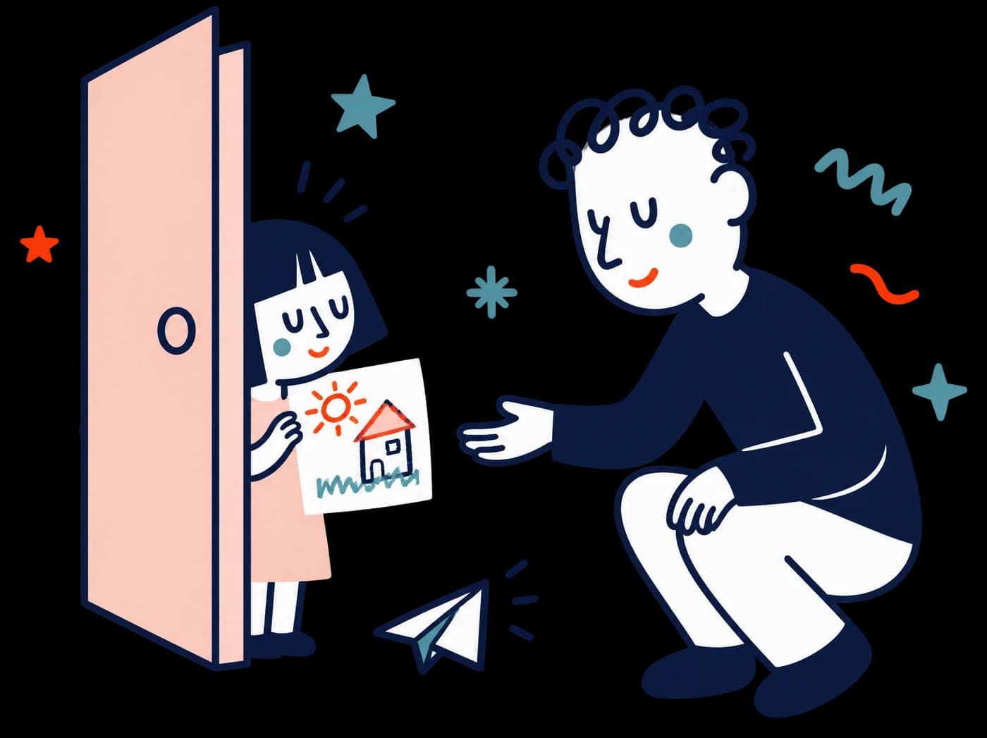 Ilustracja: dziecko zza drzwi pokazuje rysunek kucającemu tacie