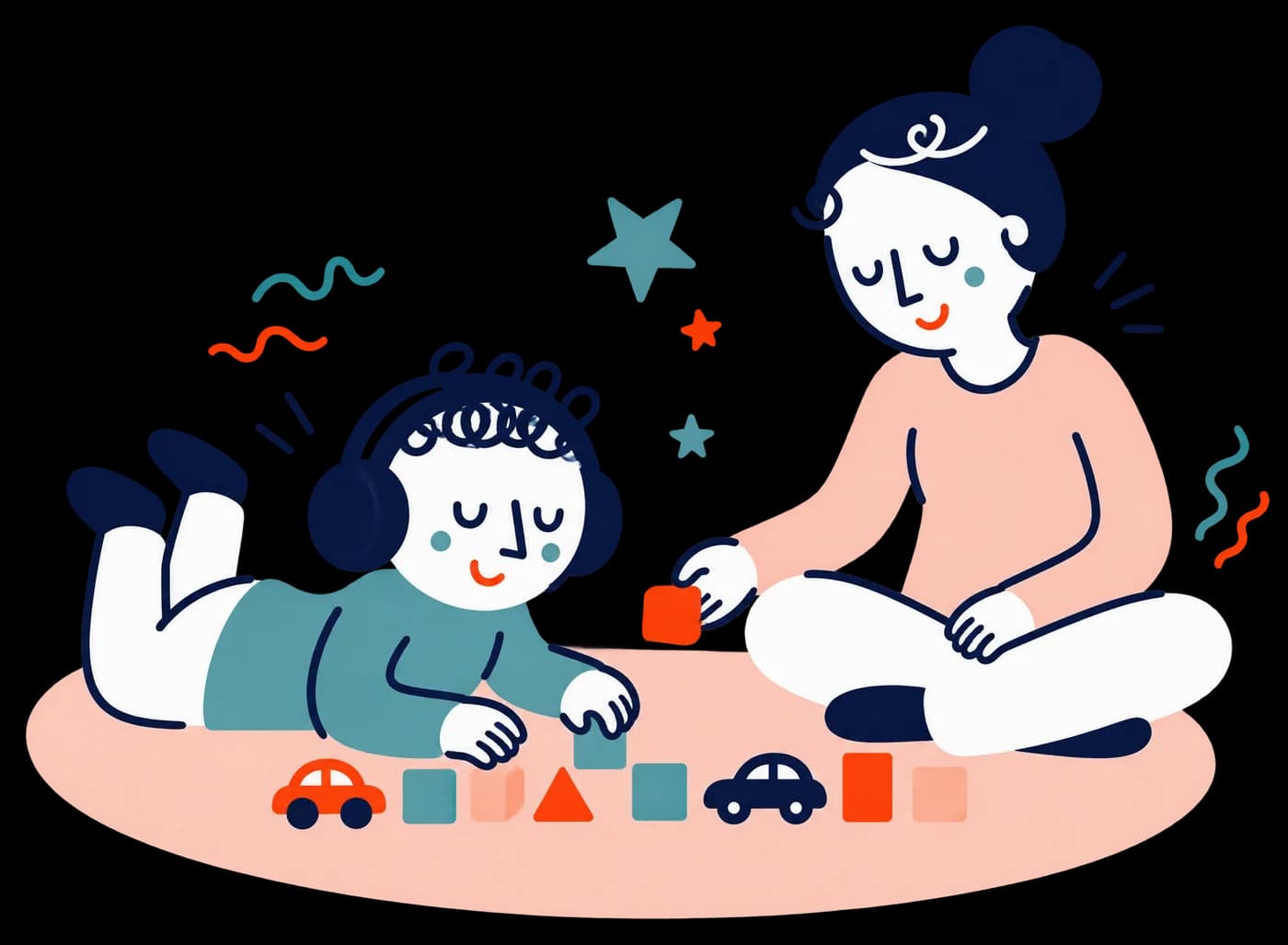 Ilustracja: dziecko w słuchawkach układa klocki, mama bawi się obok