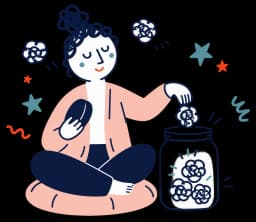 Ilustracja: kobieta spokojnie chowa chmurki zmartwień do słoika