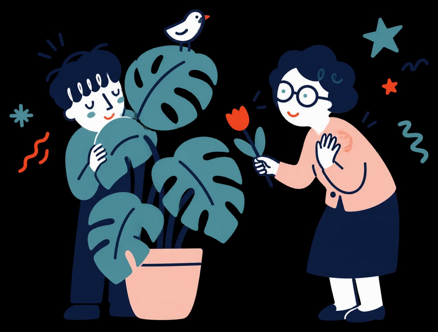 Ilustracja: nieśmiały chłopak za rośliną, kobieta podaje mu tulipana