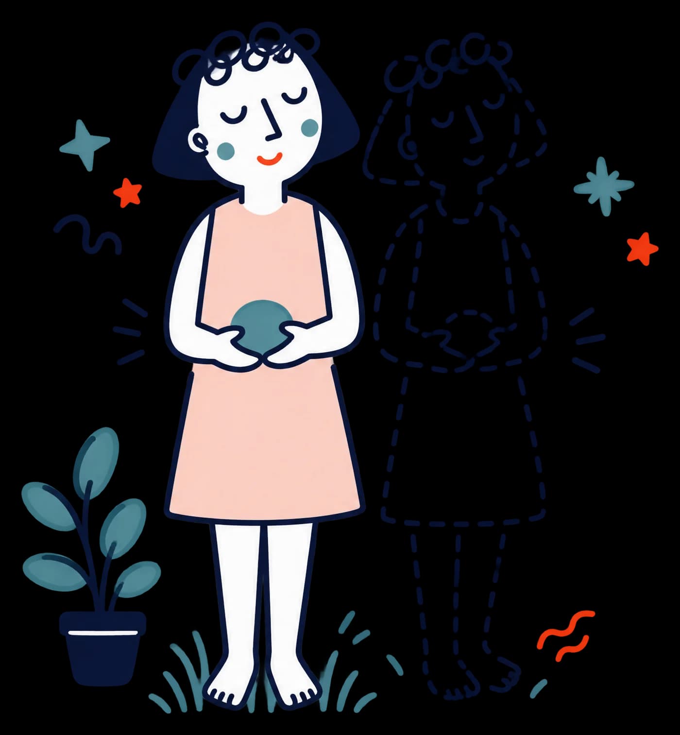 Ilustracja: kobieta trzyma kamień, obok jej przerywany kontur