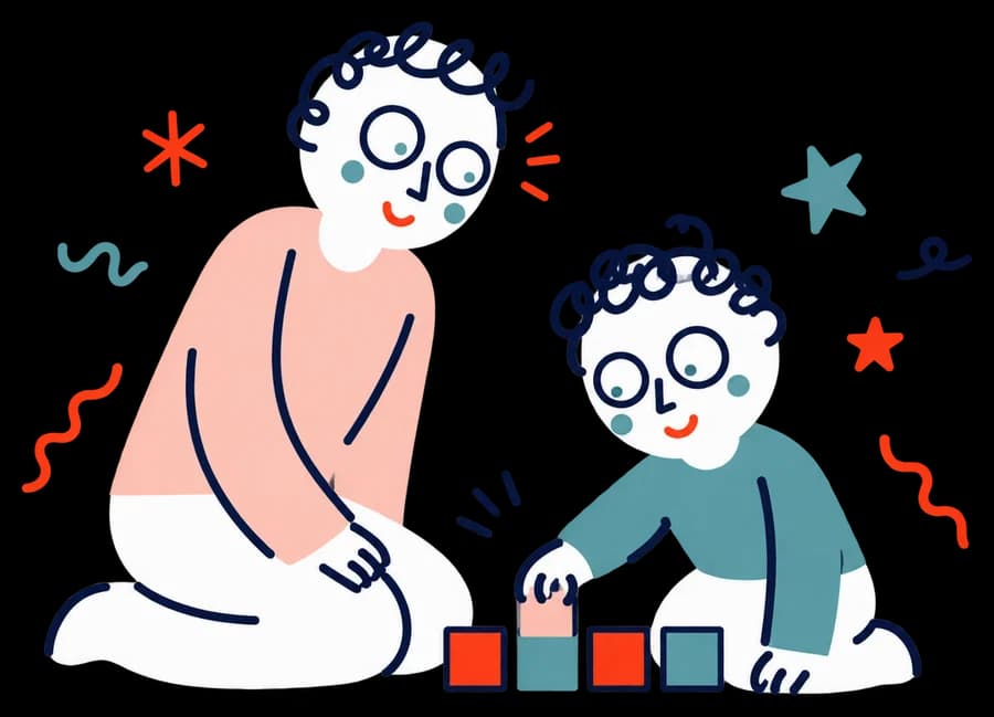 Ilustracja: Rodzic klęczy obok dziecka, które układa klocki w rząd.