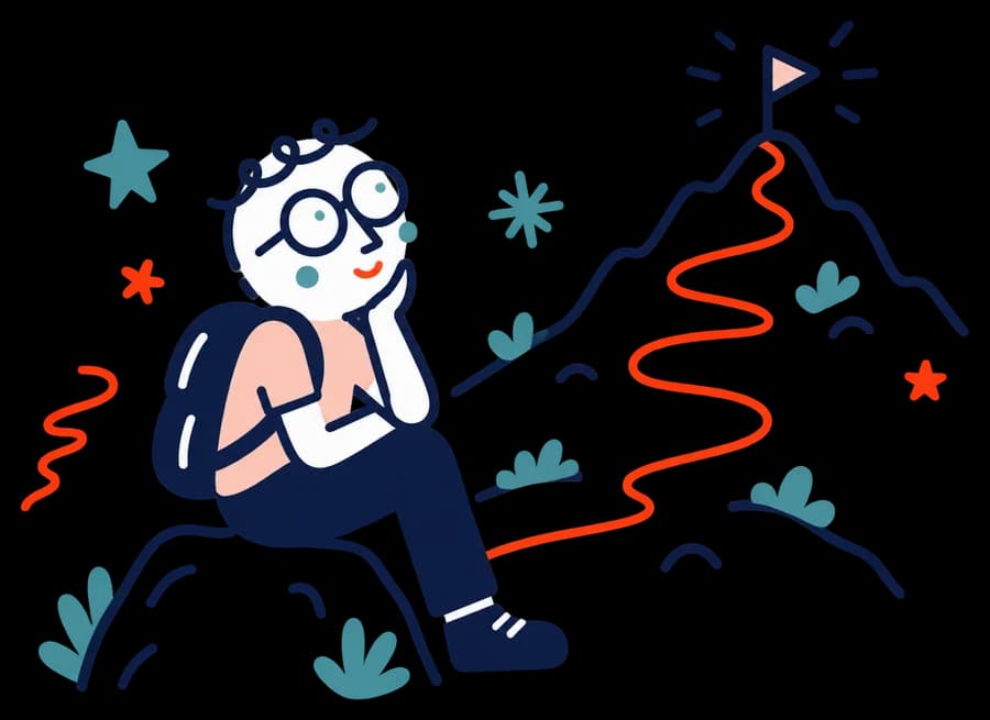 Ilustracja: Wędrowiec odpoczywa na kamieniu w połowie górskiej ścieżki.