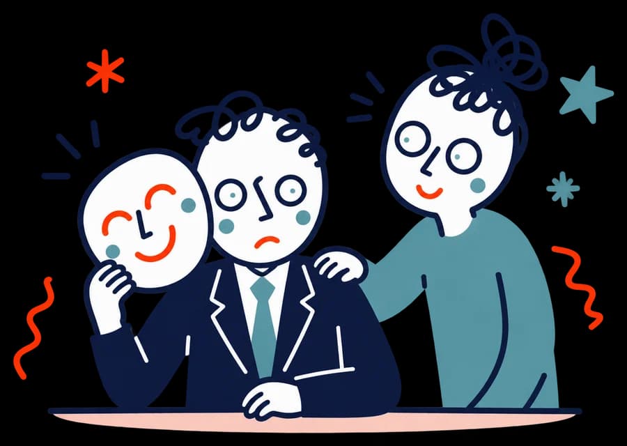 Ilustracja: Osoba w garniturze zdejmuje uśmiechniętą maskę, a przyjaciel kładzie jej dłoń na ramieniu.