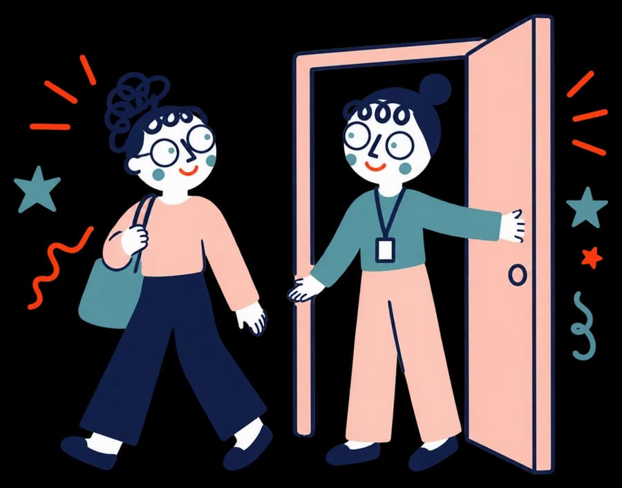 Ilustracja: Kobieta wychodzi z biura na słońce, a przyjaciółka przytrzymuje drzwi.