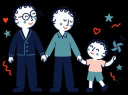 Ilustracja: trzy wersje tego samego mężczyzny - rodzic, dorosły i dziecko - trzymają się za ręce