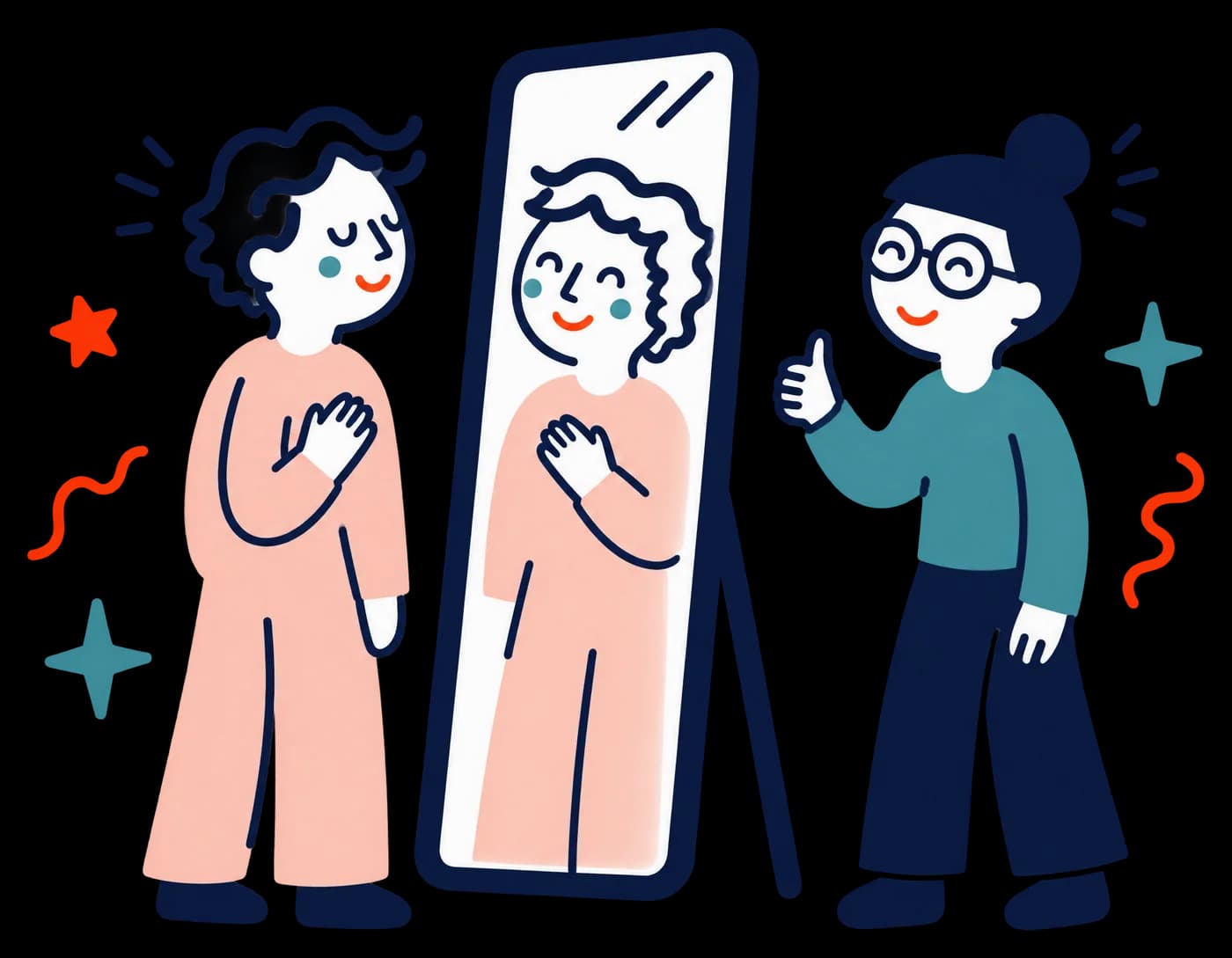 Ilustracja: Osoba uśmiecha się do swojego odbicia, przyjaciółka pokazuje kciuk w górę