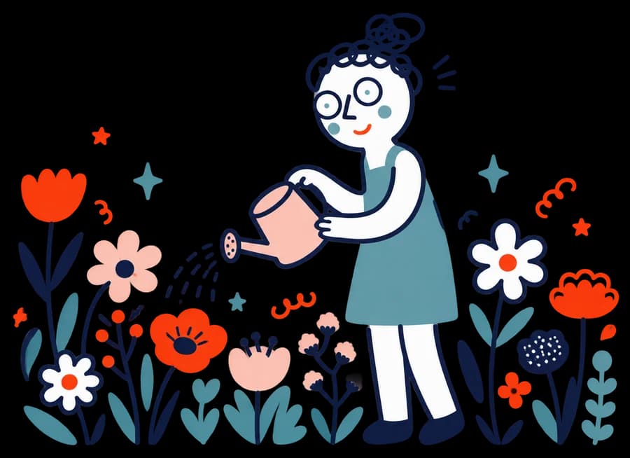 Ilustracja: Kobieta podlewa ogród pełen różnych kwiatów.