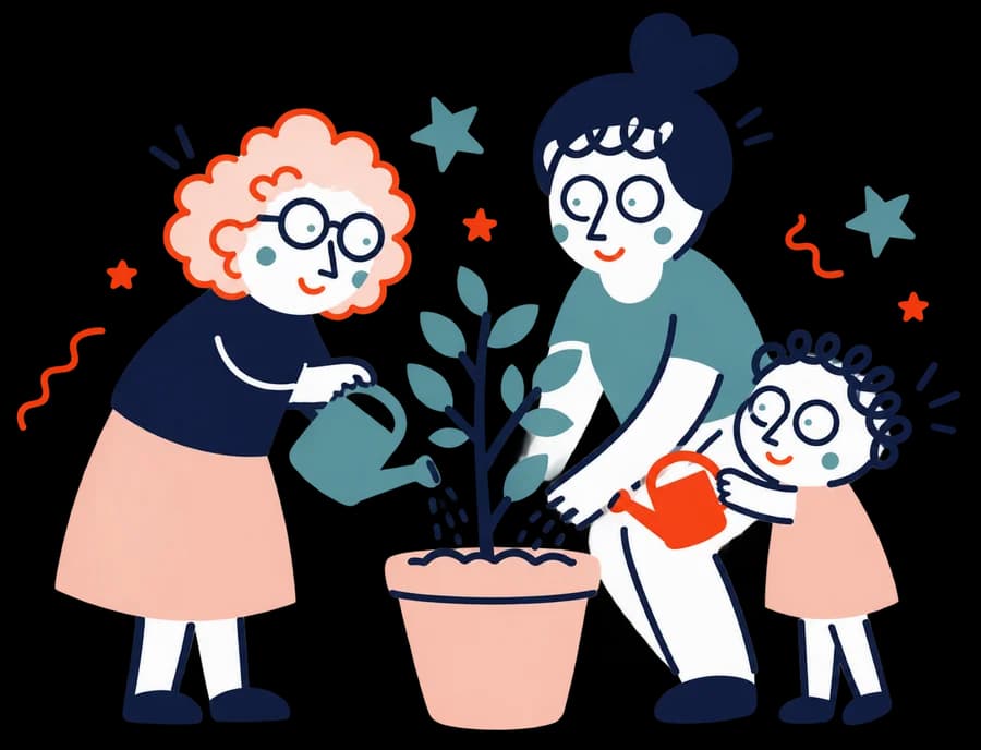 Ilustracja: Babcia, mama i dziecko razem podlewają małe drzewko.