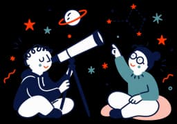 Ilustracja: młoda osoba patrzy przez teleskop, obok rodzeństwo pokazuje gwiazdozbiór